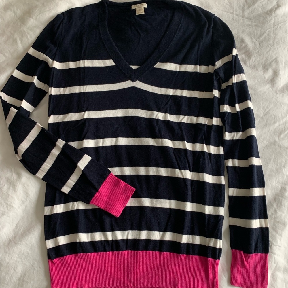 J.Crew Dark Navy Sweater, White Stripes, Pink Trim